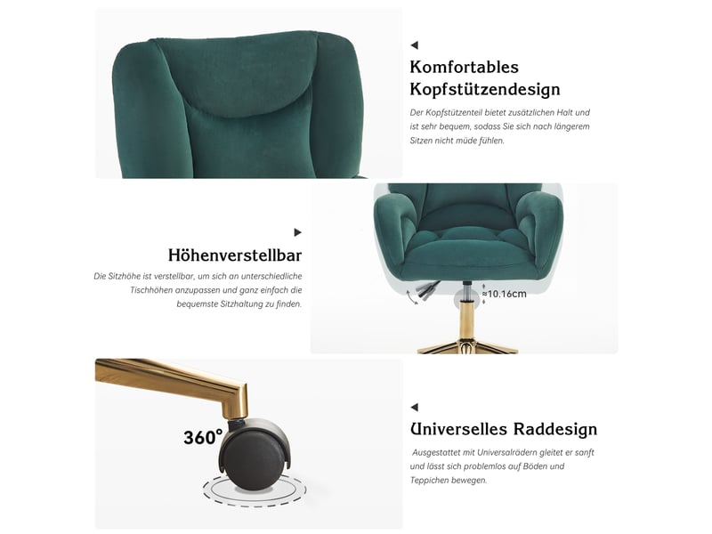  Chaise de bureau pivotante en velours vert, hauteur réglable, pieds dorés  - Conforama E
