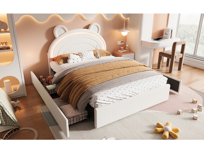  Lit enfant rembourré 140 x 200 cm beige, tête de lit ours, quatre tiroirs et éclairage led pilotable par application  - Conforama B
