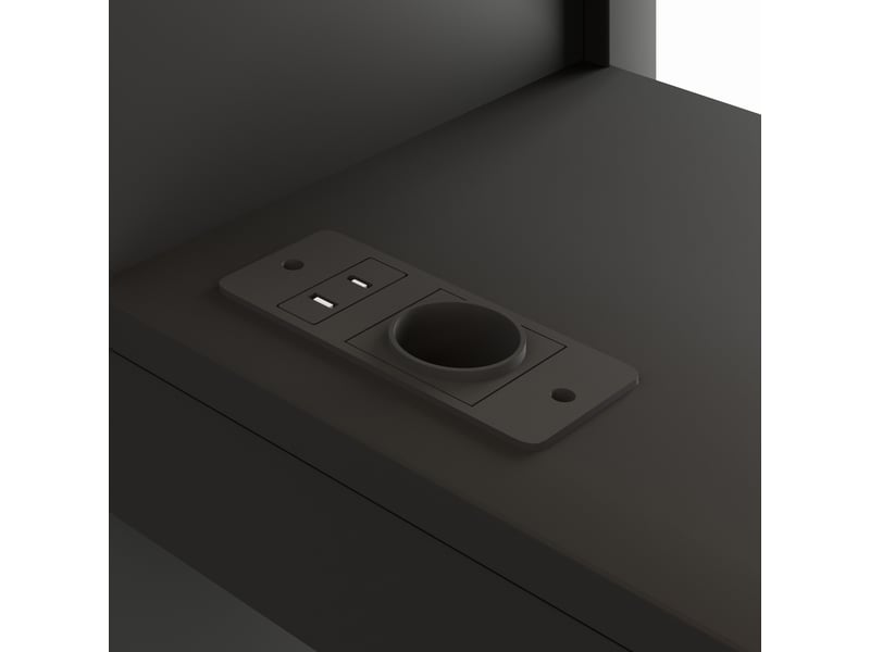  Lit mezzanine 140×200 cm avec bureau, armoire ouverte, led et usb, en mdf et contreplaqué noir  - Conforama C