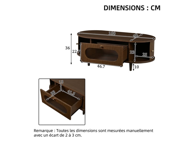  Table basse noyer avec tiroir et porte coulissante 100x50x36 cm - design moderne mdf  - Conforama C
