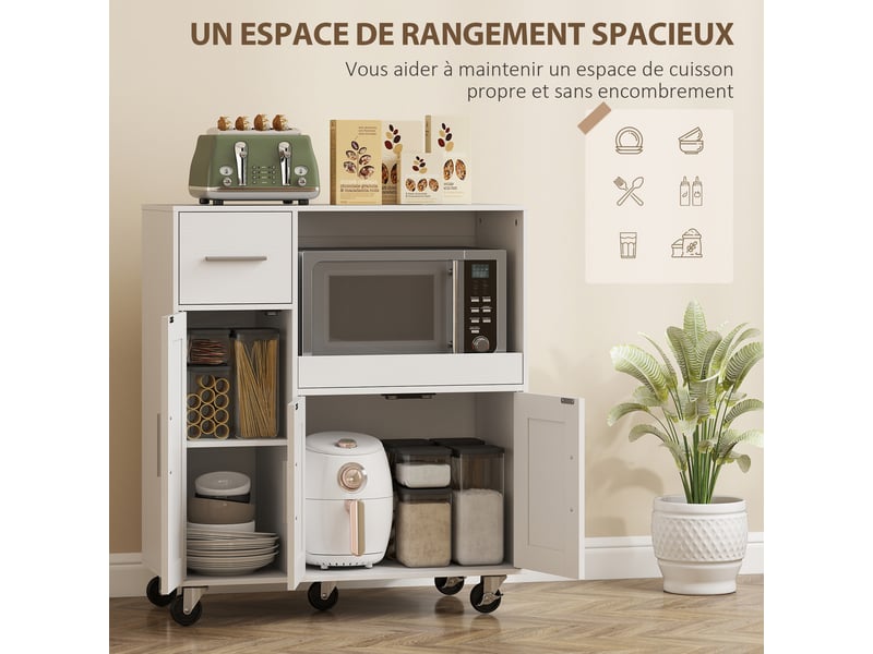 Desserte cuisine à roulettes, meuble micro onde, plateau coulissant, tiroir, placards 3 portes, blanc, 80x40x88,7cm - Conforama A