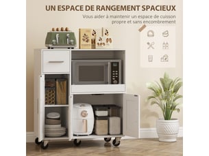 Desserte cuisine à roulettes, meuble micro onde, plateau coulissant, tiroir, placards 3 portes, blanc, 80x40x88,7cm