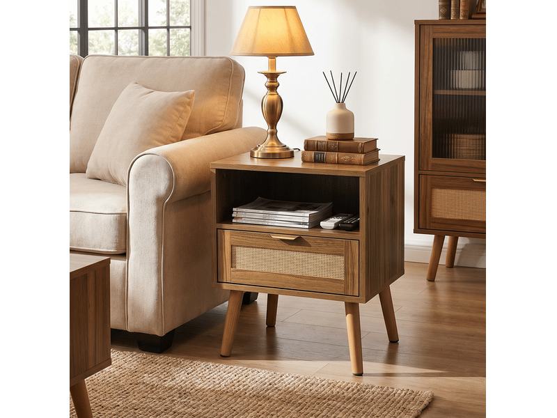 Table de chevet en rotin 45x40x55 cm 1 tiroir mdf noyer  - Conforama C