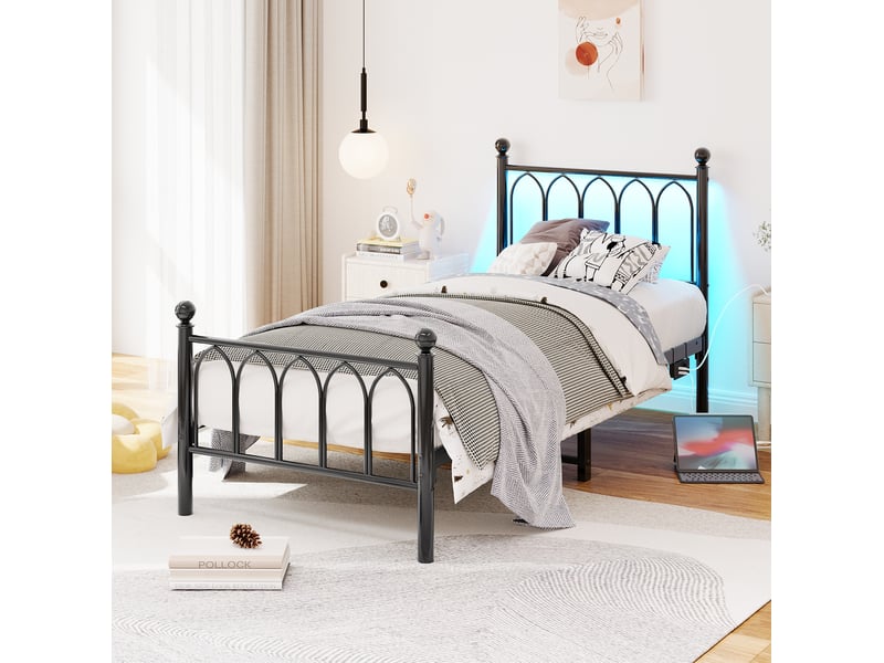  Lit simple 90 × 200 cm avec led réglable, 2 ports usb et prise, rangement sous lit, sans matelas, en métal noir  - Conforama B
