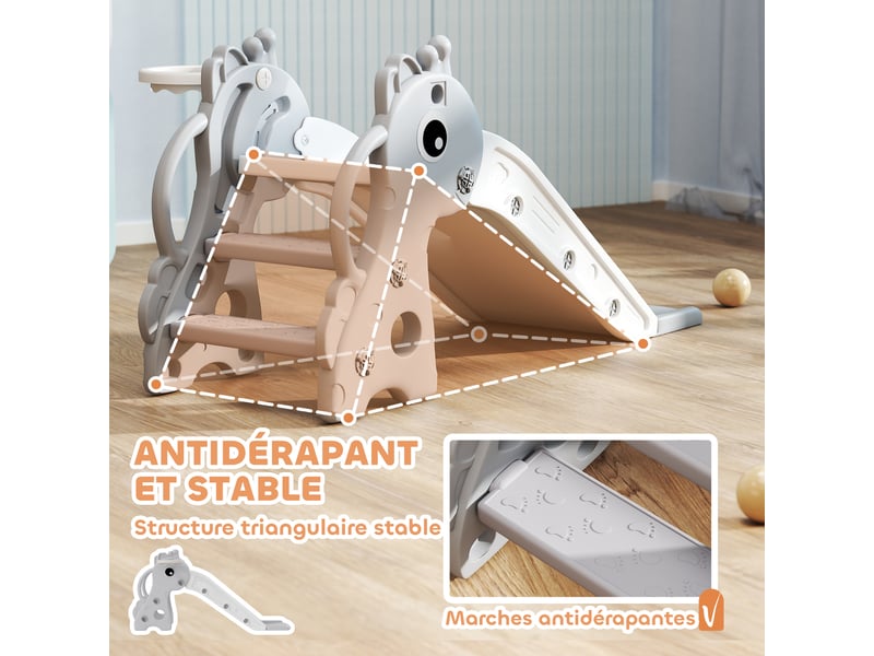  Toboggan pour enfants 3 en 1 en forme de girafe avec panier de basket, escalade et ballon, 106 x 51,5 x 52 cm, gris  - Conforama W