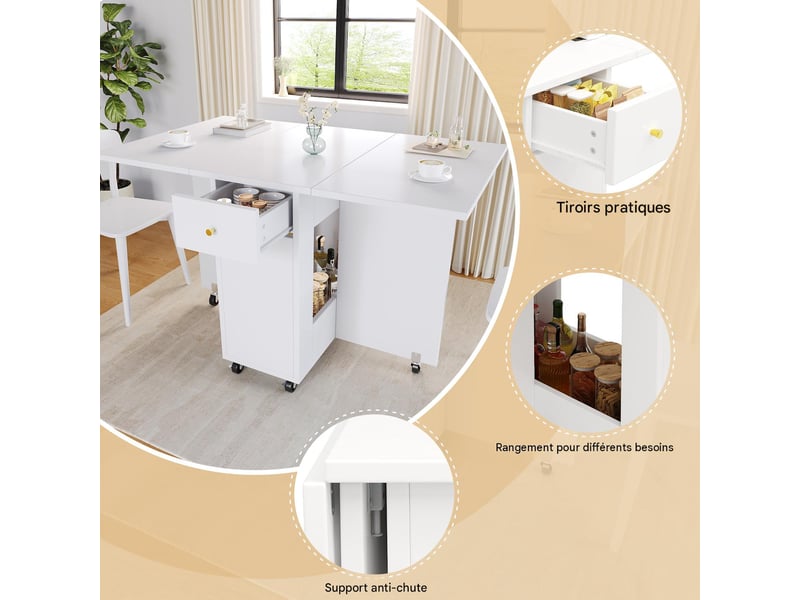  Table à manger pliable en mdf blanc avec rangements et roulettes 120x75x75 cm - pangivo  - Conforama E