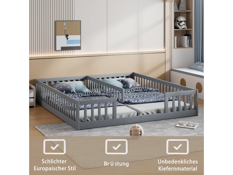  Lit enfant au sol 90x200 gris, lit pour deux enfants en bois avec barrière de sécurité, design minimaliste (sans matelas)  - Conforama E