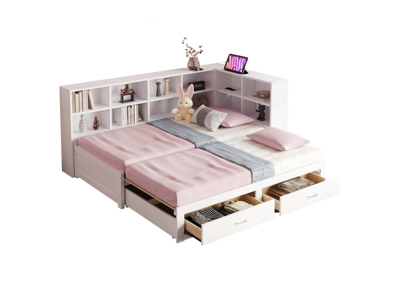  Modenvie lit gigogne 90180x190 cm - avec rangement et prises multifonctions, sommier inclus - blanc  - Conforama A
