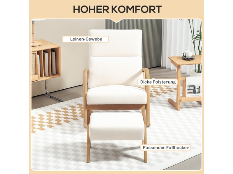  Fauteuil à bascule crème aspect lin avec repose-pieds, pieds en bois, charge 150 kg, salon et chambre  - Conforama D