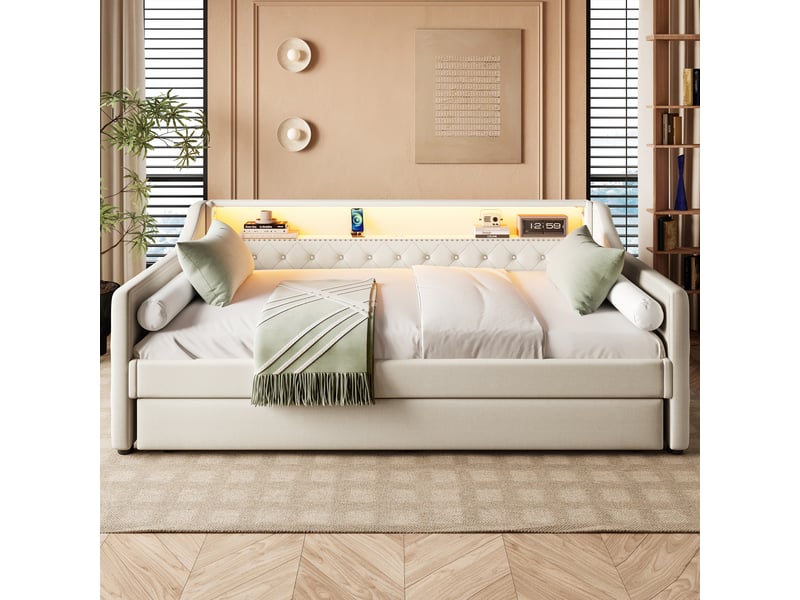  Lit de jour 90x200 cm lit banquette en lin beige avec lit gigogne extensible led et usb  - Conforama B