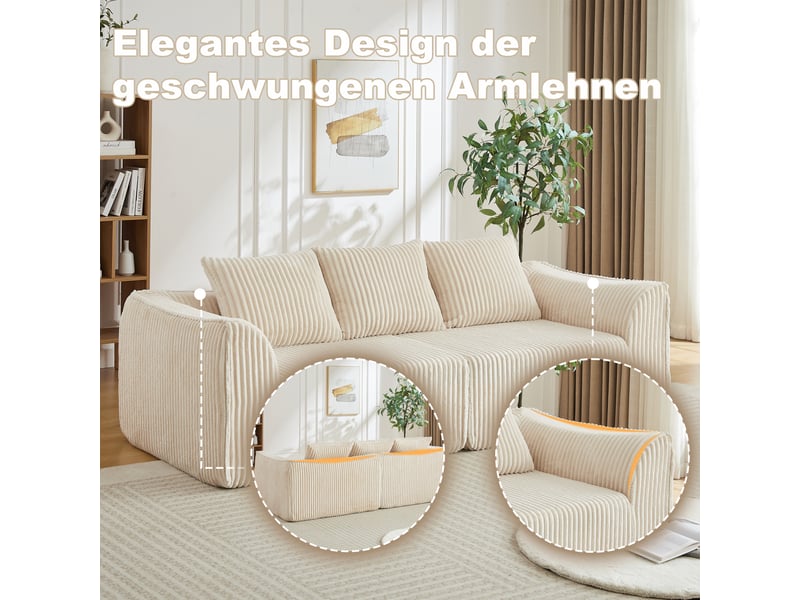  Canapé 235 cm en velours côtelé, dossier incliné et accoudoirs courbés, assise large, 2 coussins, sans montage  - Conforama D