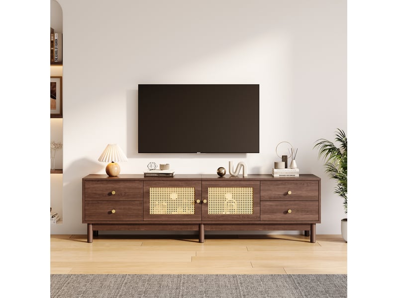  Meuble tv 180x35x44cm avec 4 tiroirs 2 portes rotin passage câbles 80 pouces panneau de particules marron  - Conforama R