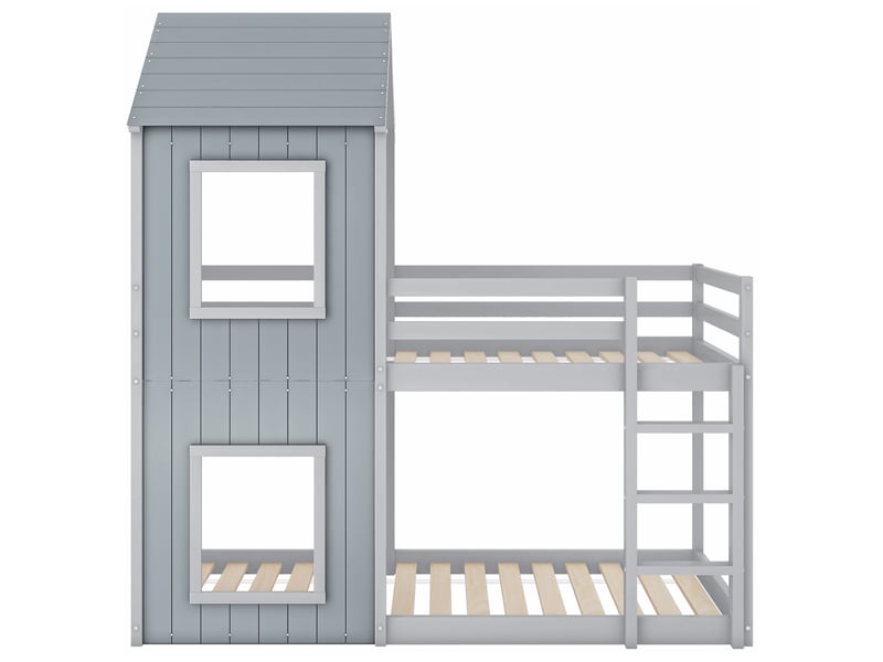  Lit superposé 90 x 200 cm, lit enfant, lit cabane pour filles et garçons, avec échelle et baldaquin, du sol au plafond, en bois massif, gris  - Conforama E