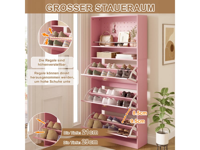 Meuble à chaussures rose 80 × 24 × 178,5 cm, panneau de particules, 3 abattants, crochets intégrés, rangements ouverts - Conforama C