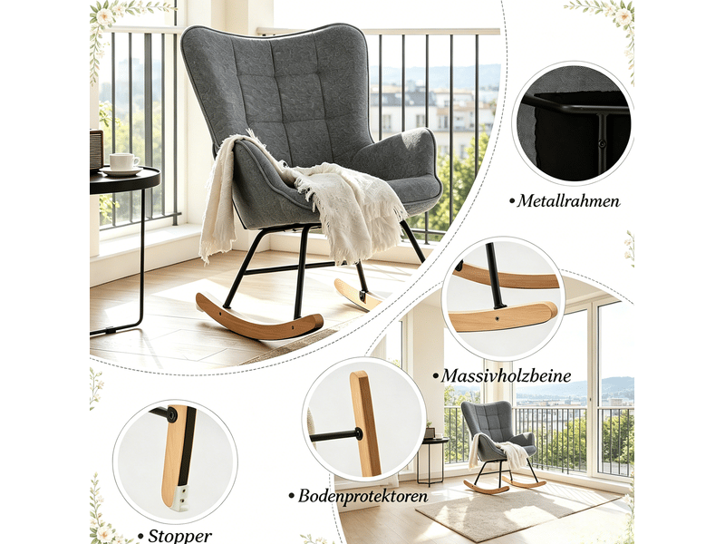  Fauteuil à bascule à dossier haut ergonomique pour lecture et détente, en métal et bois massif, velours gris foncé  - Conforama E