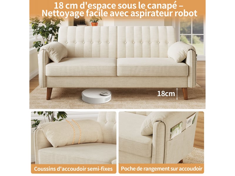  Canapé 2 places 161,5 cm en tissu chenille, assise épaisse, dossier capitonné, 2 poches latérales, pieds en bois massif, beige  - Conforama E