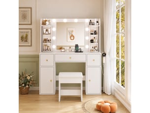 Coiffeuse blanche avec miroir et éclairage led variable, organisateur à bijoux rotatif, station de charge usb-c et support sèche-cheveux, 3 tiroirs et 2 armoires