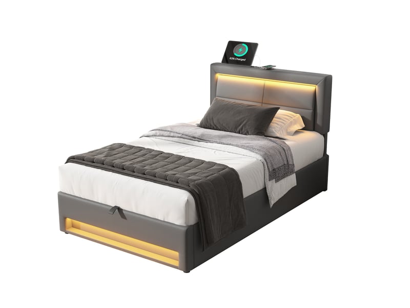  Lit coffre 90x200 cm avec usb, recharge sans fil et led, pu gris  - Conforama A