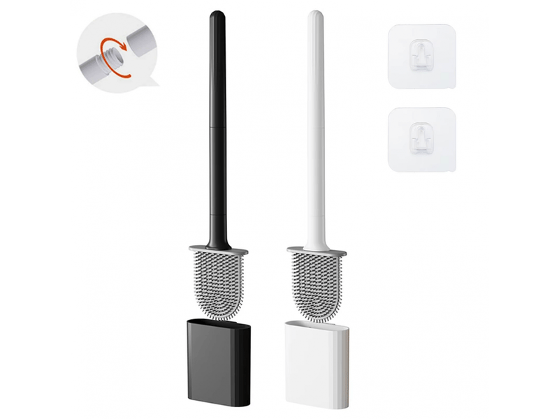  Ensemble de 2 brosses de toilette et support de salle de bain, brosse de toilette flexible en tpr, sur pied et murale sans trous, (noir + blanc)  - Conforama A