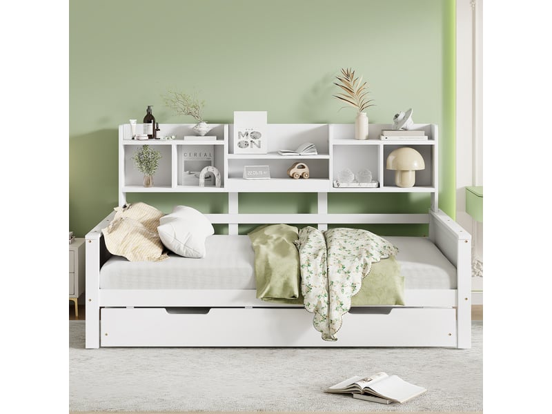  Lit d'appoint en pin blanc 90x200 cm, couchage 90x190 cm, compartiments et sommier à lattes  - Conforama E