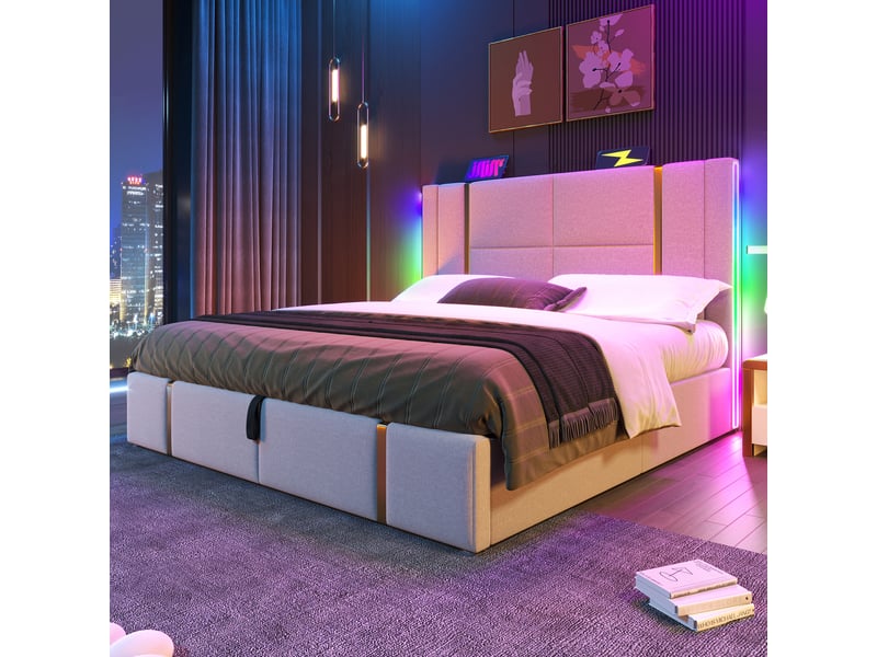  Lit double 180x200 cm bois lin beige rangements led app ports usb-c sans matelas  - Conforama B