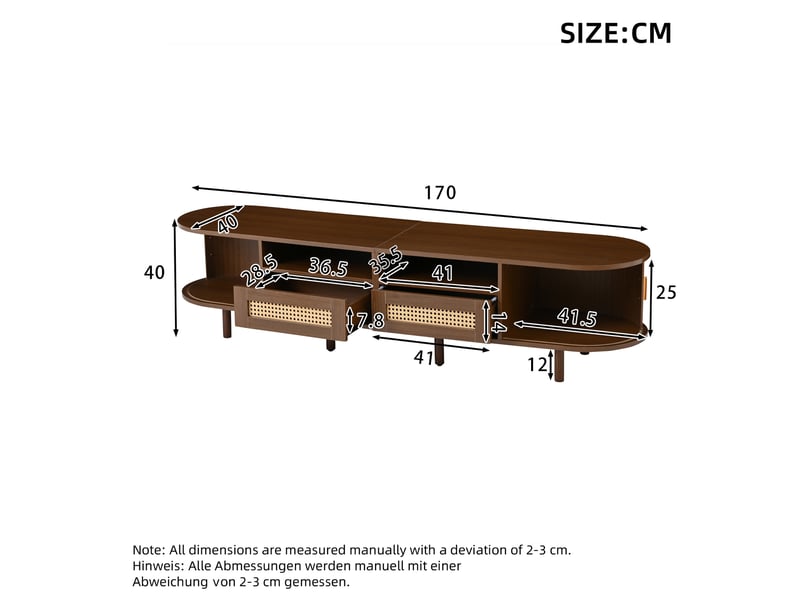  Meuble tv avec 2 tiroirs et 2 portes coulissantes, style vintage, pour salon, 170 × 40 × 40 cm, en mdf, métal et bois, noyer foncé  - Conforama D