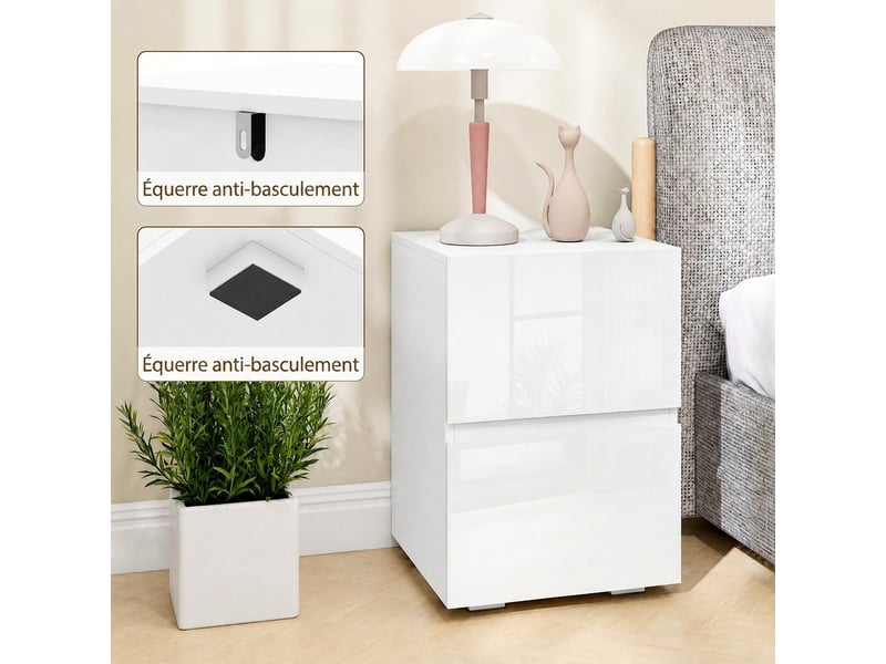  Lot de 2 tables de chevet, tables d'appoint avec 2 tiroirs, façades à haute brillance, 40x40x58cm, plateau large, blanc  - Conforama R