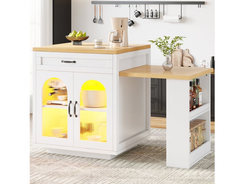  Îlot de cuisine extensible avec led, 2 tiroirs et portes en verre strié, blanc, 126-196x70x94 cm  - Conforama D