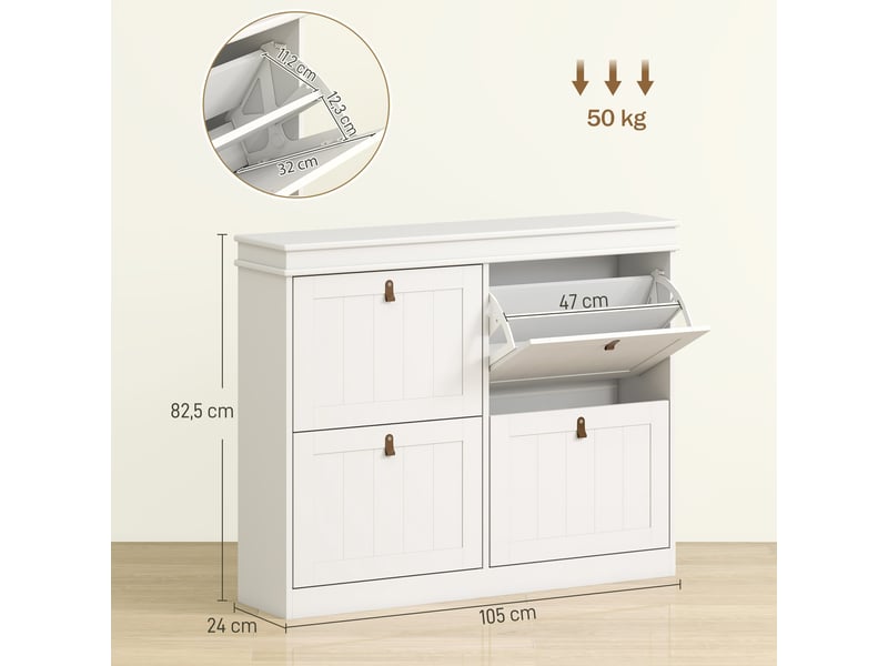 Meuble à chaussures étroit 4 portes charnières, étagères réglables pour 20 paires, mécanisme anti-basculement, 105 x 24 x 82,5 cm - Conforama D