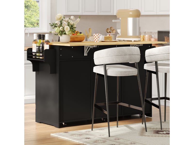 Îlot de cuisine sur roulettes 136 cm avec plan de travail rabattable, chariot mobile noir et naturel - Conforama D