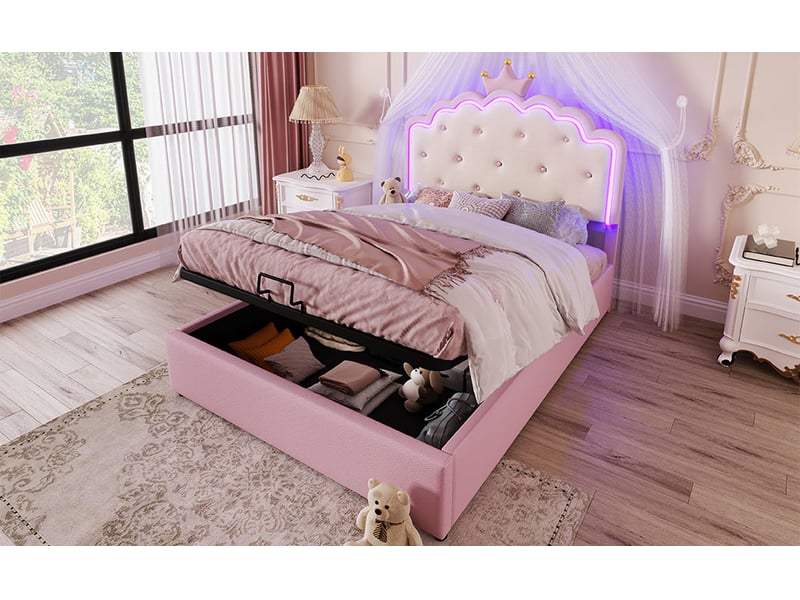 Lit coffre 140 × 200 cm, tête de lit couronne avec led, sommier relevable à vérins, revêtement pu, sans matelas, rose - Conforama B