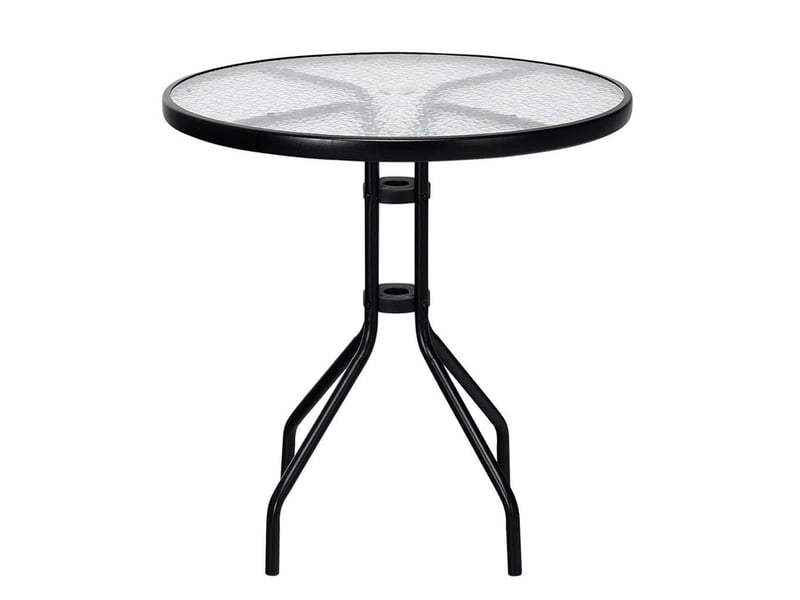  Table de jardin ronde en verre trempé de 70 cm avec structure métallique robuste et trou pour parasol noire  - Conforama A