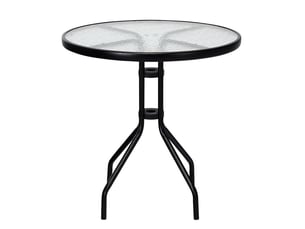Table de jardin ronde en verre trempé de 70 cm avec structure métallique robuste et trou pour parasol noire