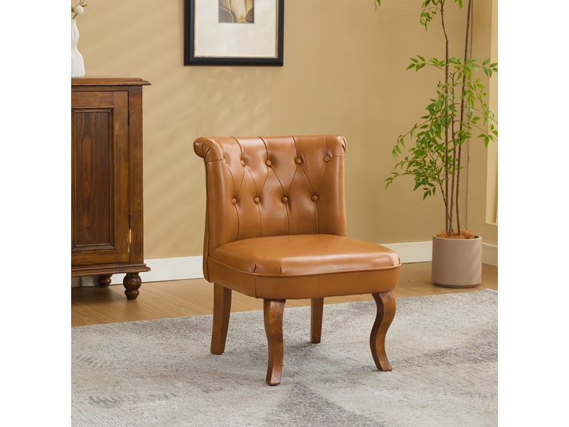  Chaise de salle à manger en cuir avec dossier capitonné et pieds en bois, style moderne, brun clair  - Conforama B