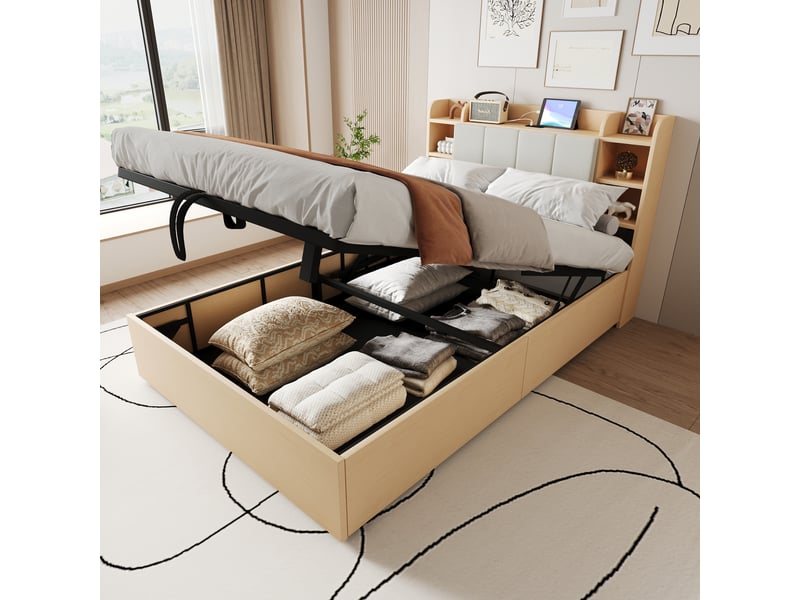  Lit en bois 140 x 200 cm avec relevage hydraulique, tête de lit avec rangement, usb et usb-c, sans matelas  - Conforama D