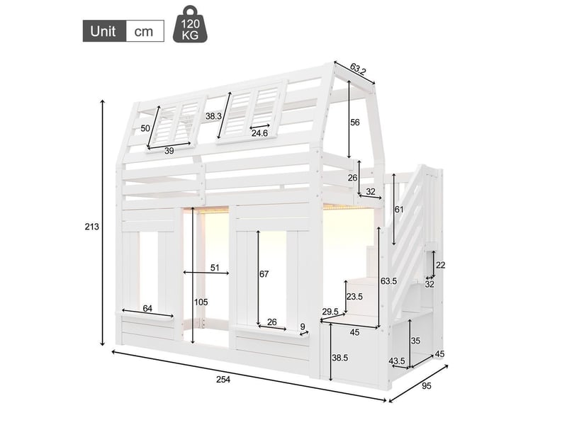 Lit superposé mezzanine enfant bois maison 90x200cm led protection anti chute escalier rangement forme fenêtre blanc  - Conforama C