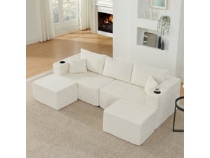 Canapé d'angle modulable - 230x138x75cm - canapé 3 places en velours côtelé avec 2 poufs amovibles et porte-gobelets - blanc