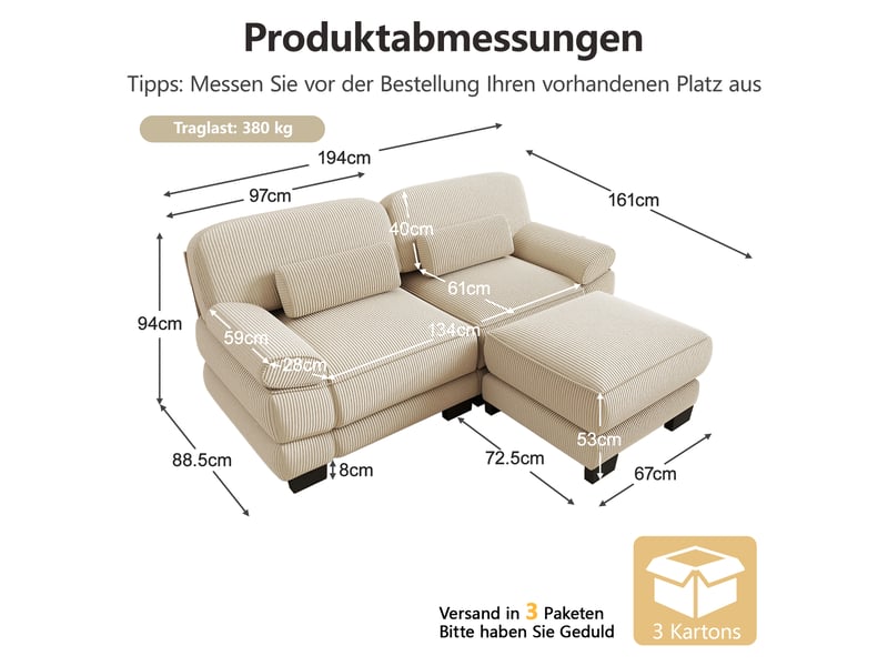  Canapé d'angle modulable - 2 places - forme l - 1 ottoman - coussins lombaires - velours côtelé - mobilier de salon - beige CozyNest - Conforama D
