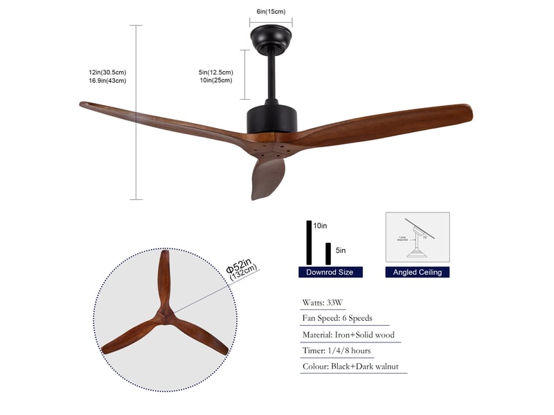  Ventilateur de plafond 132 cm sans éclairage 3 pales bois massif noyer et noir réversible 6 vitesses télécommande  - Conforama E