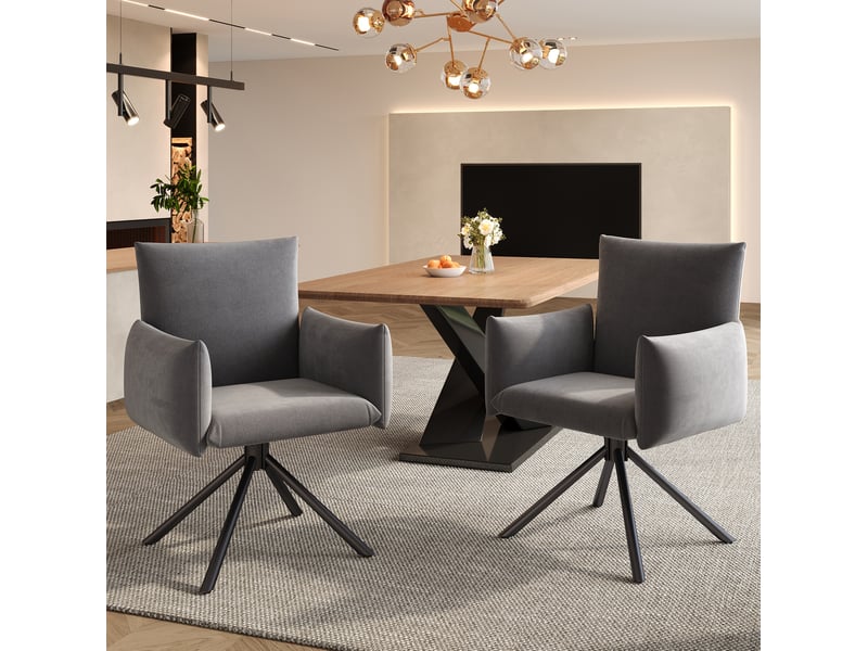  Lot de 4 chaises salle à manger 60x88 cm en velours gris, pivotantes à 360°, 4 pieds métal, fauteuils dotés d'accoudoirs rembourrés  - Conforama D