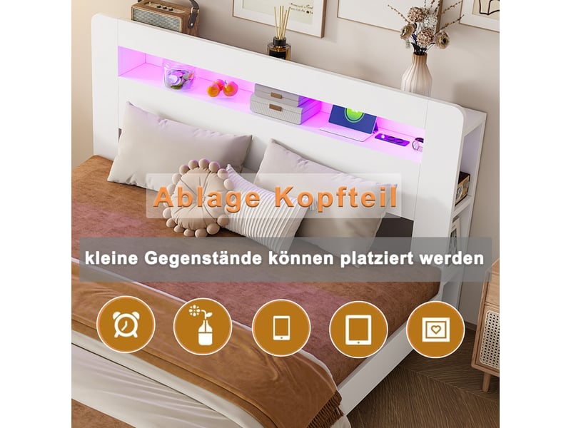  Cadre de lit en bois 140 x 200 cm avec rangement tête de lit, led et prises intégrées, coloris blanc  - Conforama D