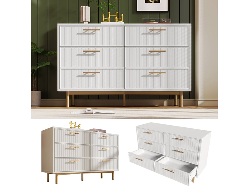  Buffet blanc 120x75x40 cm avec 6 tiroirs surface portante 45kg hauteur réglable meuble de rangement moderne pour salon  - Conforama B