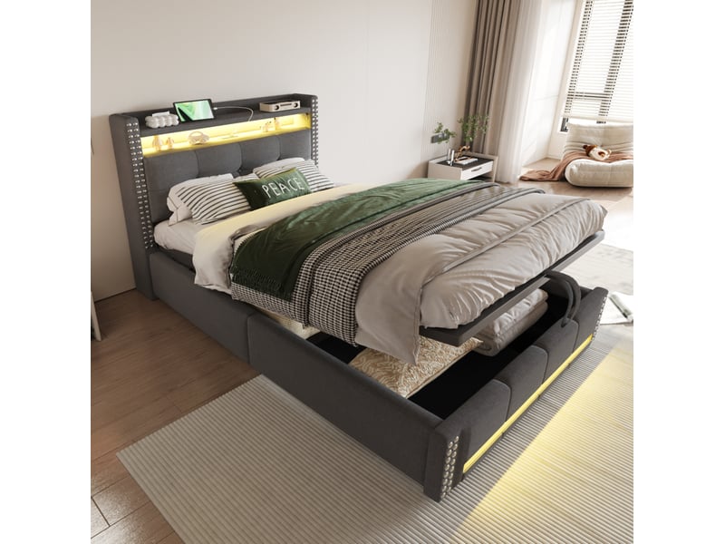  Lit enfant 90x200 cm avec rangement hydraulique, led et usb, tissu gris  - Conforama D