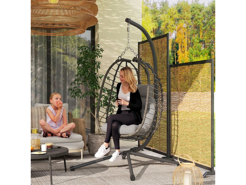 Fauteuil suspendu pliable en résine tressée avec support, coussin et oreiller hauteur réglable, gris - Conforama C