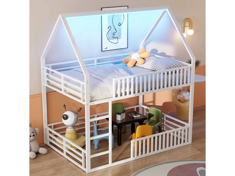  Lit cabane 140x200 avec led et barrière, lit enfant blanc en métal  - Conforama D
