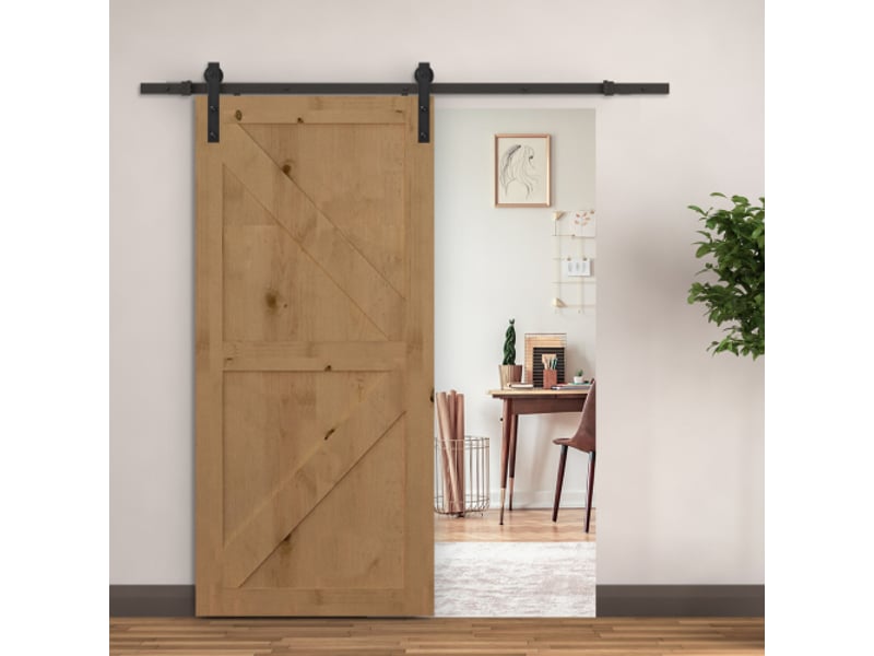  Kit de ferrure pour porte coulissante 200 cm en acier carbone noir avec rail, roulettes, butées, guide au sol et vis, système complet intérieur  - Conforama C