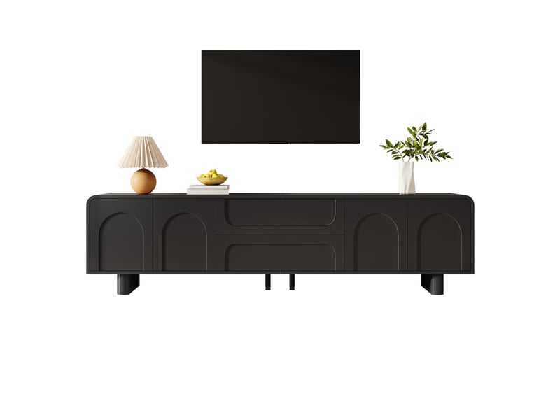  Meuble tv tcqpz 180 x 40 x 46 cm avec 4 portes 2 tiroirs passe-câbles mdf et panneaux de particules noir  - Conforama A