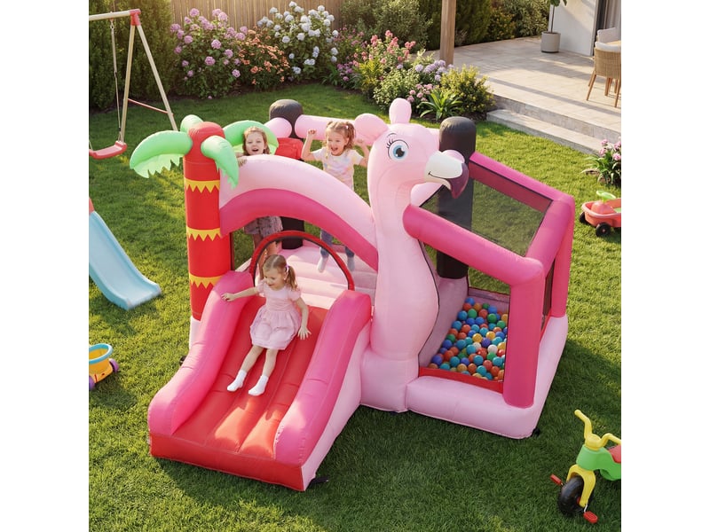 Château gonflable pour enfants avec toboggan, trampoline, piscine à balles et panier de basket, 255 x 230 x 196 cm, rose  - Conforama D