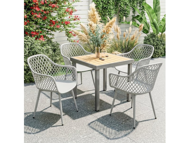 Lot de 4 chaises de jardin avec accoudoirs en plastique gris, pieds en métal, design ajouré uv, 56x51x84 cm  - Conforama E