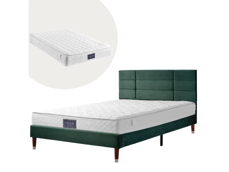  Lit adulte 140x200 cm, lit double avec tête de lit et sommier, velours vert, inclus matelas  - Conforama A
